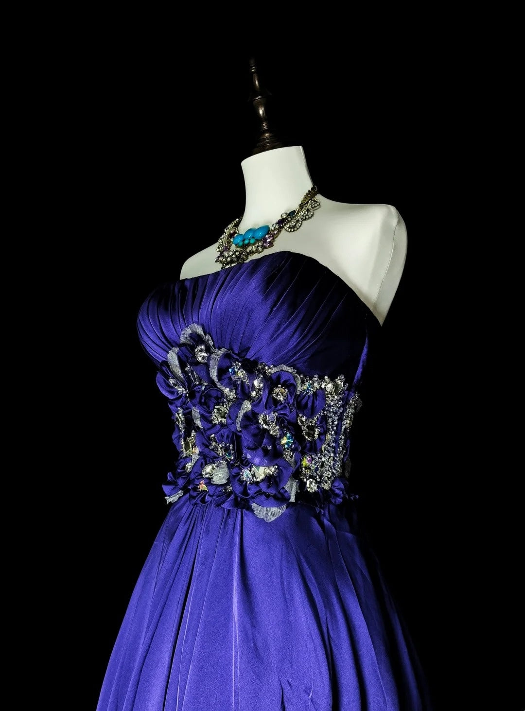 Vintage A line Strapless Royal Blue Satin Sleeveless 90s Prom Dresses Inspo Long Formal Party Gown N1499