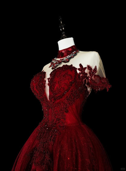Vintage Prom Dresses Ball Gown Jewel Neck Burgundy With Beading Lace 1980s Long Formal Gown N2706