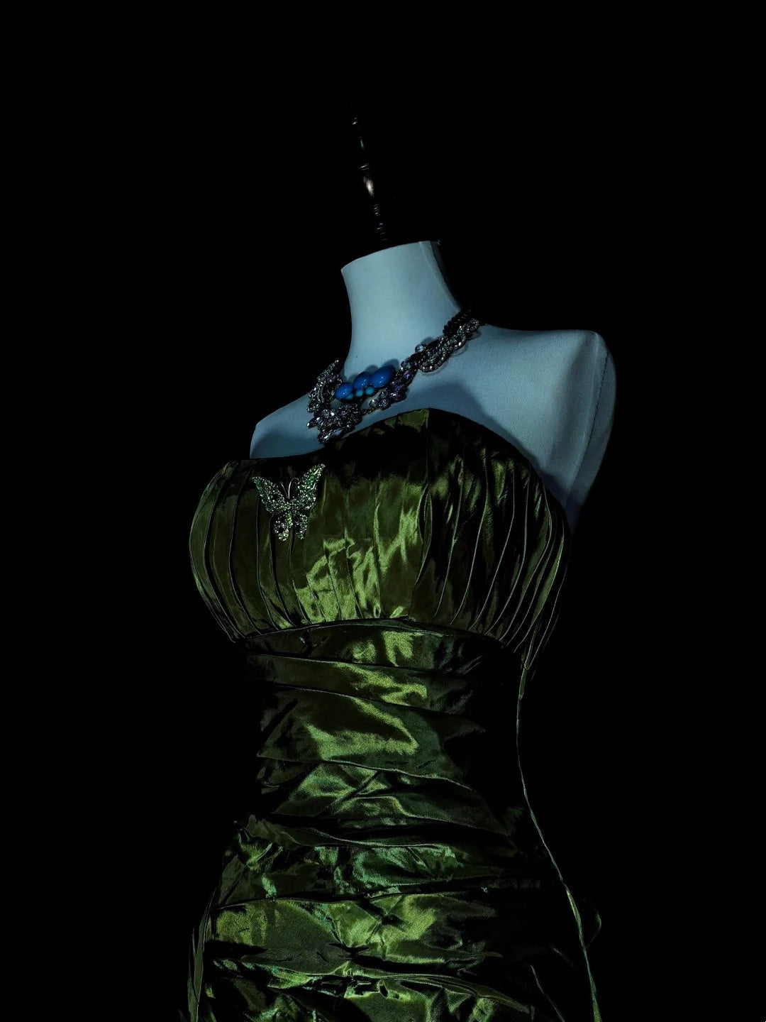 Vintage Mermaid Strapless Olive Green Satin Sleeveless 80s Prom Dresses Long Formal Party Gown N1497