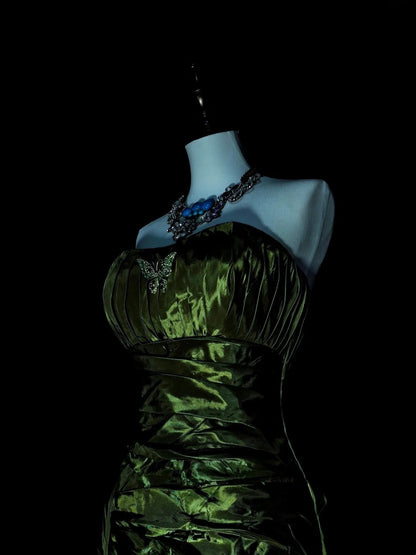 Vintage Mermaid Strapless Olive Green Satin Sleeveless 80s Prom Dresses Long Formal Party Gown N1497