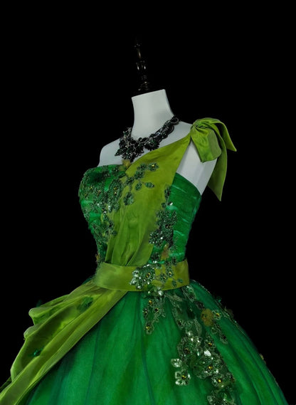 Vintage Ball Gown One Shoulder Green Tulle With Ruffles Sweet 16 Dresses Quinceanera Dress Long 15 Vestidos De Fiesta N1463
