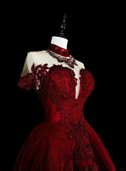 Vintage Prom Dresses Ball Gown Jewel Neck Burgundy With Beading Lace 1980s Long Formal Gown N2706