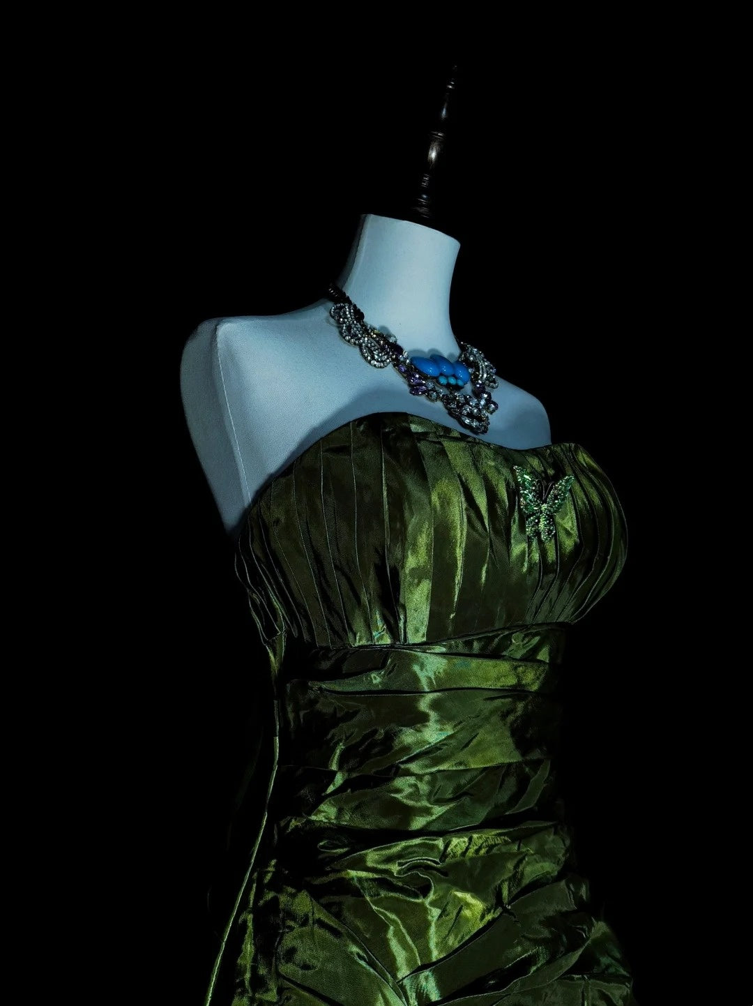 Vintage Mermaid Strapless Olive Green Satin Sleeveless 80s Prom Dresses Long Formal Party Gown N1497
