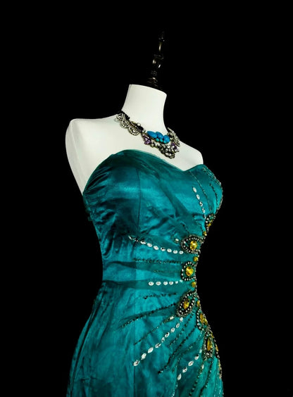 Vintage Prom Dresses Aesthetic 1970s Retro Mermaid Green Satin Long Formal Dress N2150
