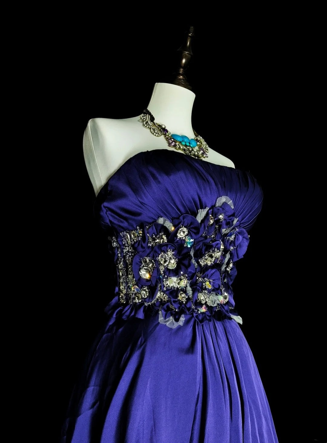 Vintage A line Strapless Royal Blue Satin Sleeveless 90s Prom Dresses Inspo Long Formal Party Gown N1499