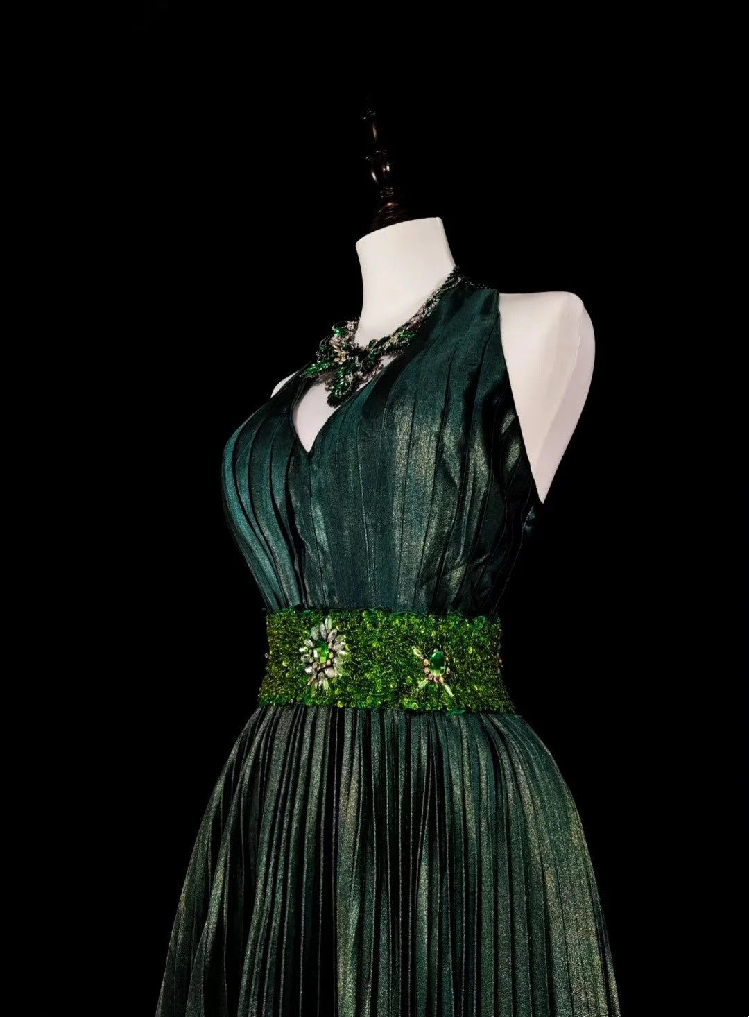 Vintage A Line Halter Green Pleated With Beads Sleeveless 80s Prom Dresses Long Formal Party Gown N1465