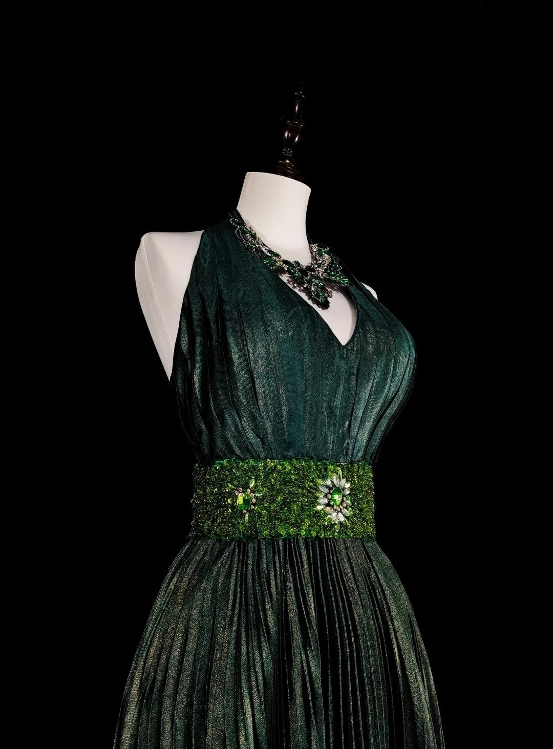 Vintage A Line Halter Green Pleated With Beads Sleeveless 80s Prom Dresses Long Formal Party Gown N1465