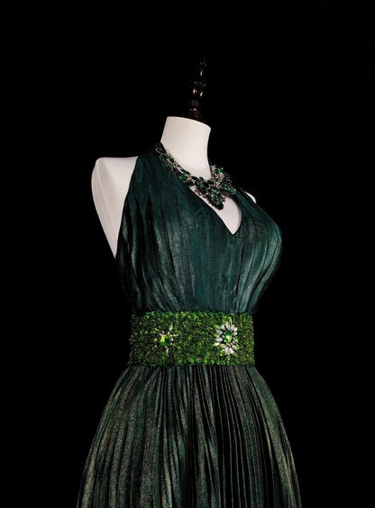 Vintage A Line Halter Green Pleated With Beads Sleeveless 80s Prom Dresses Long Formal Party Gown N1465