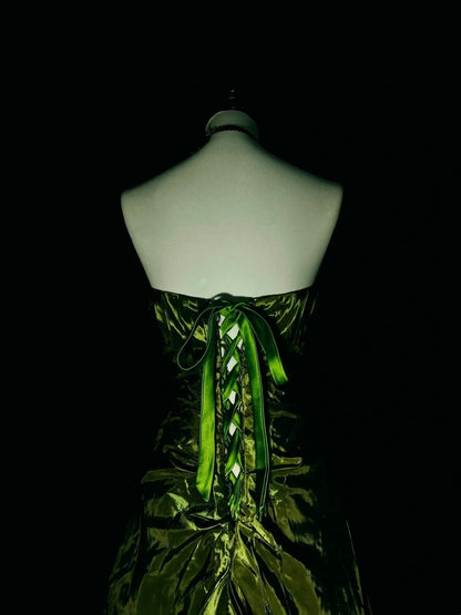 Vintage Mermaid Strapless Olive Green Satin Sleeveless 80s Prom Dresses Long Formal Party Gown N1497