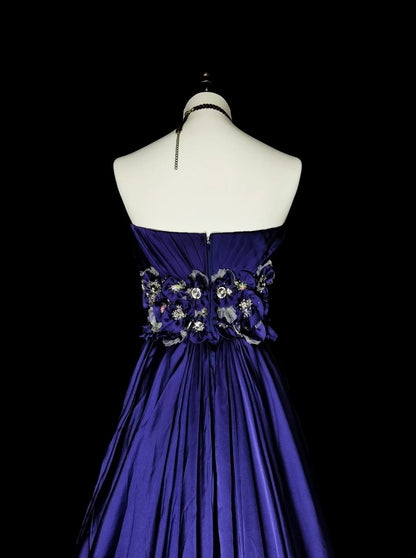 Vintage A line Strapless Royal Blue Satin Sleeveless 90s Prom Dresses Inspo Long Formal Party Gown N1499