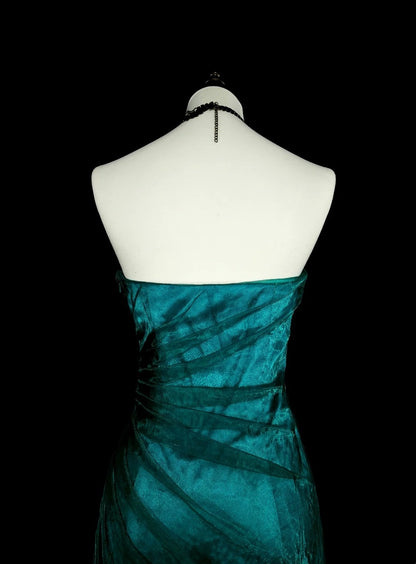 Vintage Prom Dresses Aesthetic 1970s Retro Mermaid Green Satin Long Formal Dress N2150