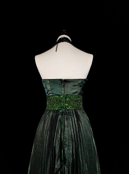 Vintage A Line Halter Green Pleated With Beads Sleeveless 80s Prom Dresses Long Formal Party Gown N1465