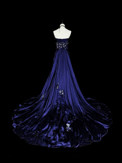 Vintage A line Strapless Royal Blue Satin Sleeveless 90s Prom Dresses Inspo Long Formal Party Gown N1499