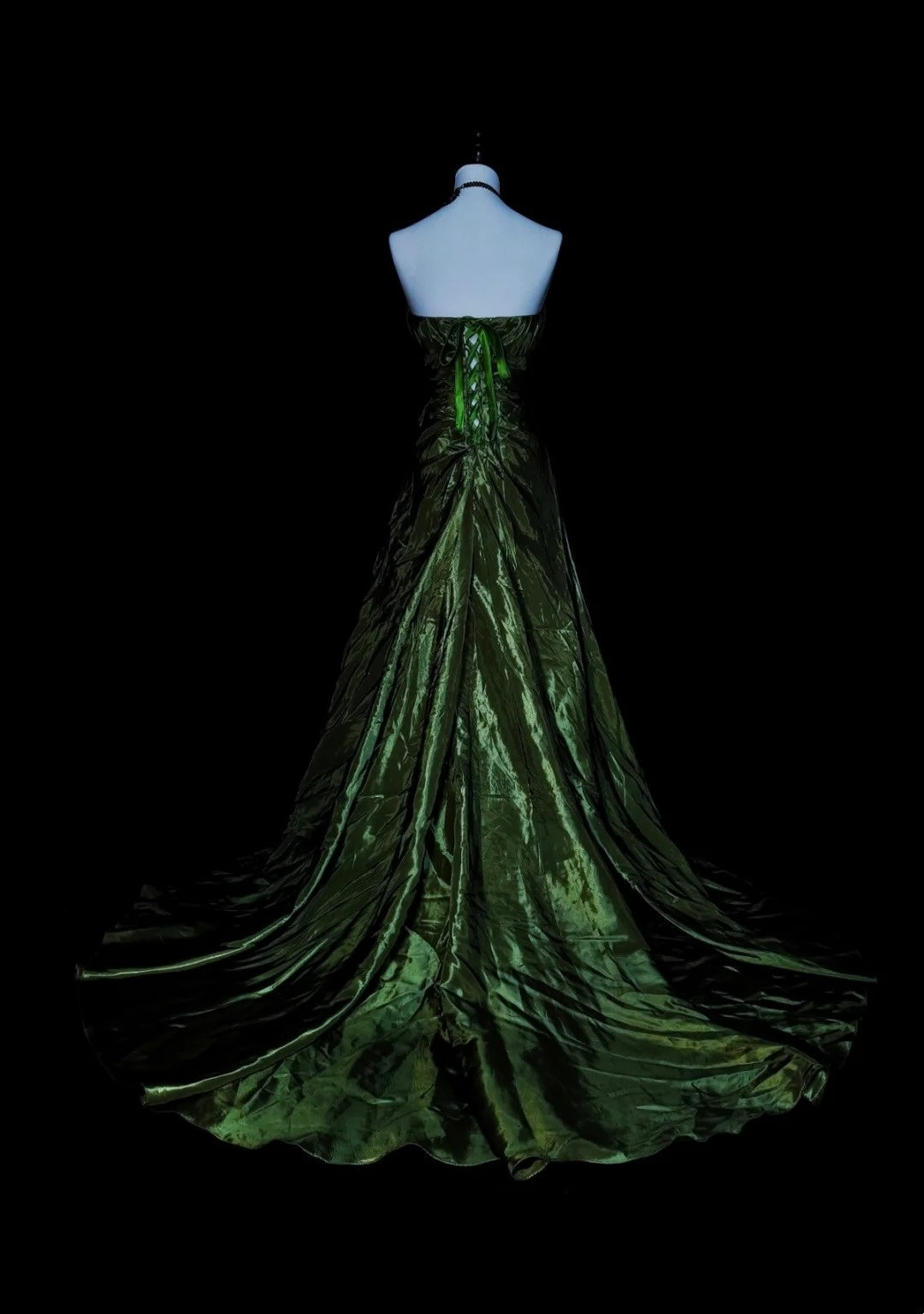 Vintage Mermaid Strapless Olive Green Satin Sleeveless 80s Prom Dresses Long Formal Party Gown N1497