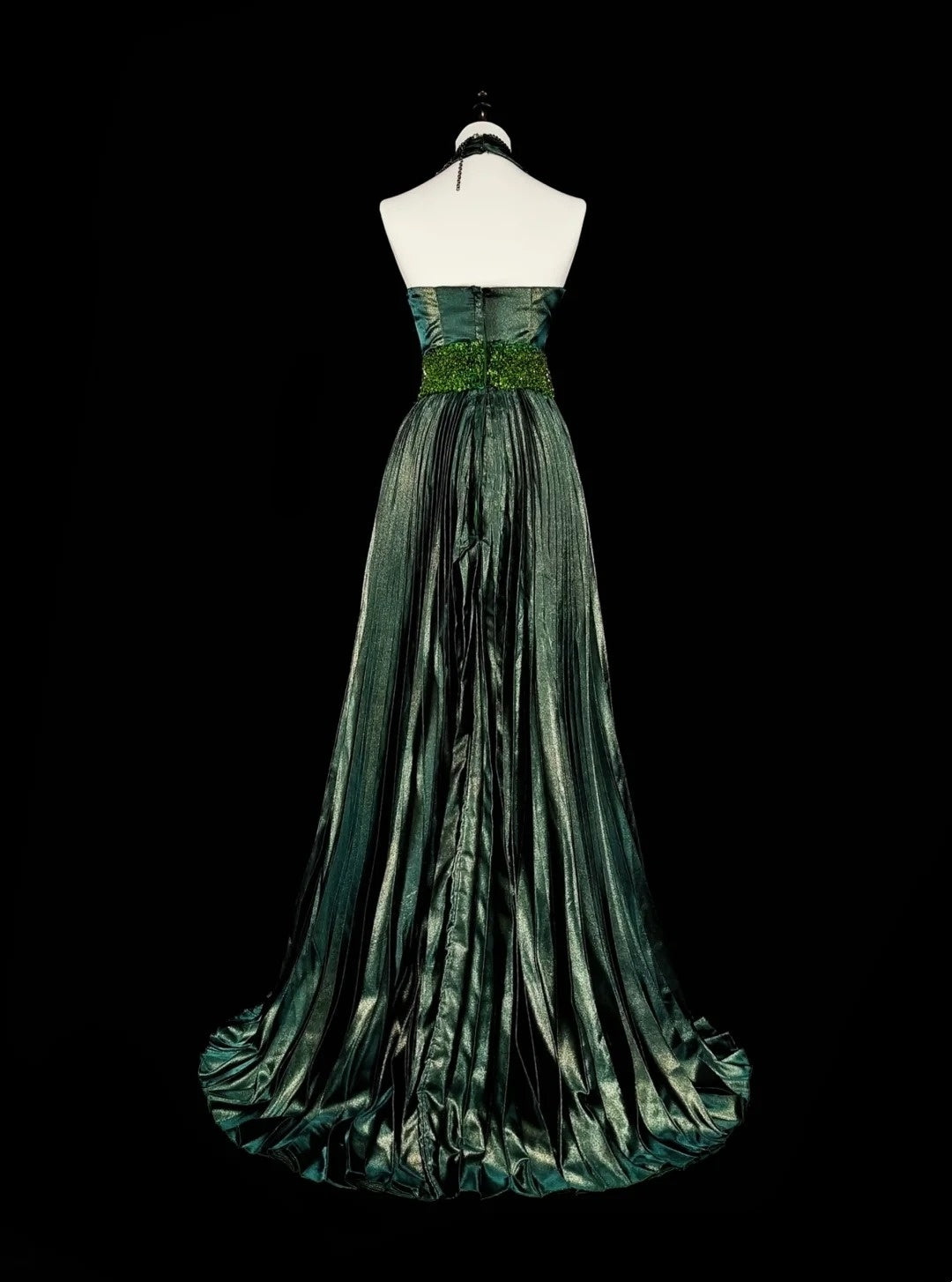 Vintage A Line Halter Green Pleated With Beads Sleeveless 80s Prom Dresses Long Formal Party Gown N1465
