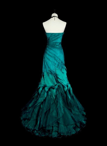 Vintage Prom Dresses Aesthetic 1970s Retro Mermaid Green Satin Long Formal Dress N2150