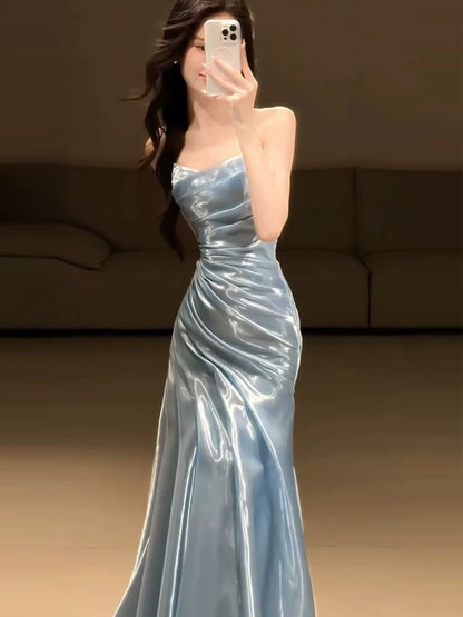 Glitter Mermaid Strapless Light Blue Sleeveless Prom Dresses Inspiration Long Night Outfits 18th Birthday Outfits AB2219