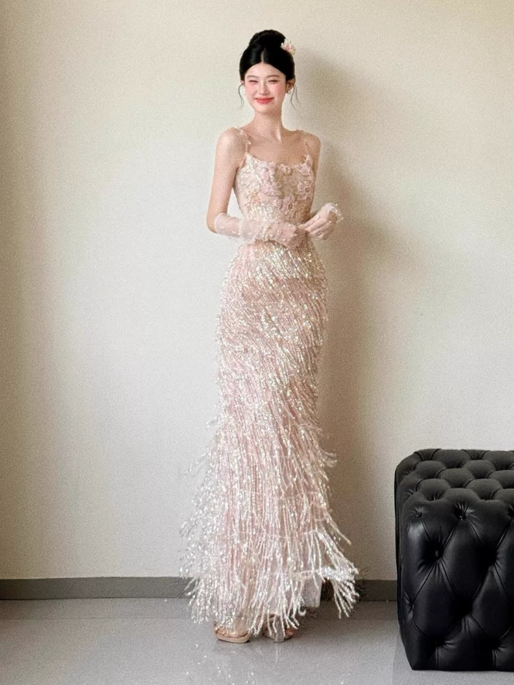 Glittery A line Spaghetti Strap With Tassels Beads Sleeveless Pink Prom Dresses Inspiration Long Night Outfits 18th Birthday Outfits AB2217