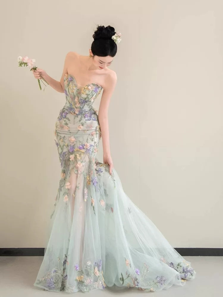 Princess Mermaid Sweetheart Lace Floral Long Prom Dress Fashion Aesthetic For Teens Formal Dresses Party Outfits Prom Gown AB2221