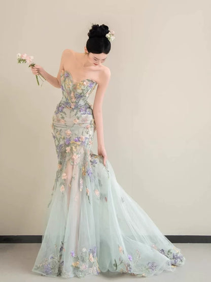 Princess Mermaid Sweetheart Lace Floral Long Prom Dress Fashion Aesthetic For Teens Formal Dresses Party Outfits Prom Gown AB2221