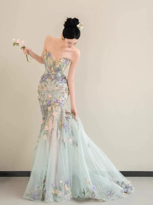 Princess Mermaid Sweetheart Lace Floral Long Prom Dress Fashion Aesthetic For Teens Formal Dresses Party Outfits Prom Gown AB2221
