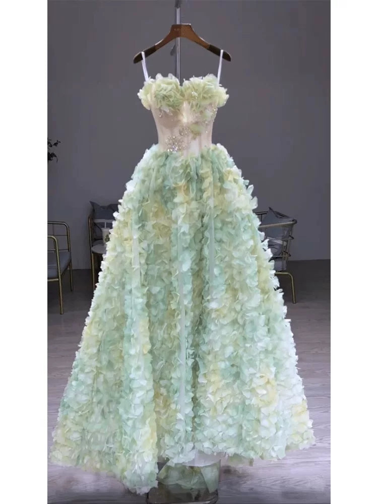 Princess Ball Gown Strapless Green Floral Tulle With Scarf Prom Dress Fashion Aesthetic For Teens Formal Dresses Party Outfits Prom Gown AB2216