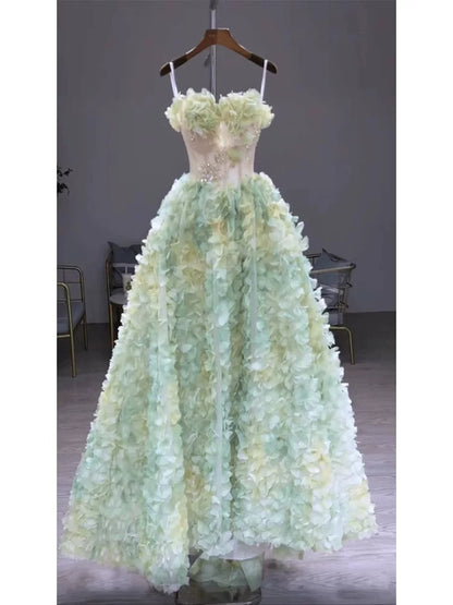 Princess Ball Gown Strapless Green Floral Tulle With Scarf Prom Dress Fashion Aesthetic For Teens Formal Dresses Party Outfits Prom Gown AB2216