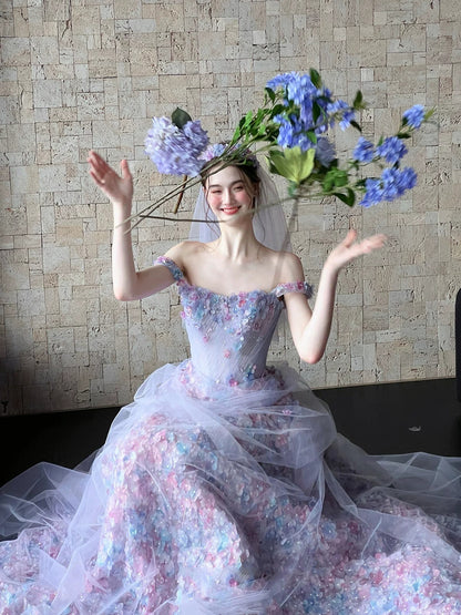 Princess Ball Gown Square Neck Lilac Lace Floral Long Prom Dress Fashion Aesthetic For Teens Formal Dresses Party Outfits Prom Gown AB2222