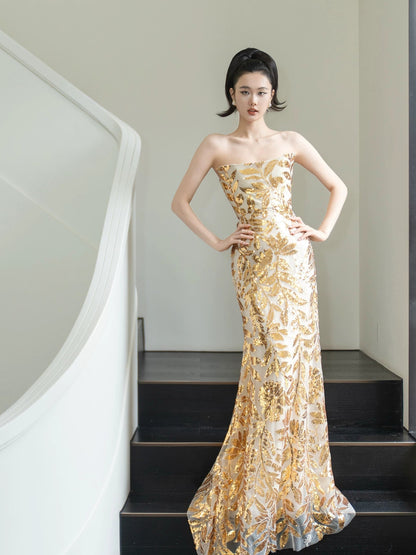 Glitter Mermaid Strapless Gold Sleeveless Prom Dresses Inspiration Long Night Outfits 18th Birthday Outfits AB2220