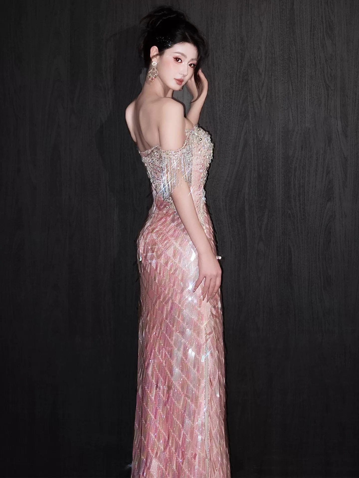 Glittery Mermaid Off The Shoulder Pink Sequins Short Sleeves Prom Dresses Inspiration Long Night Outfits Birthday Outfit AB2212