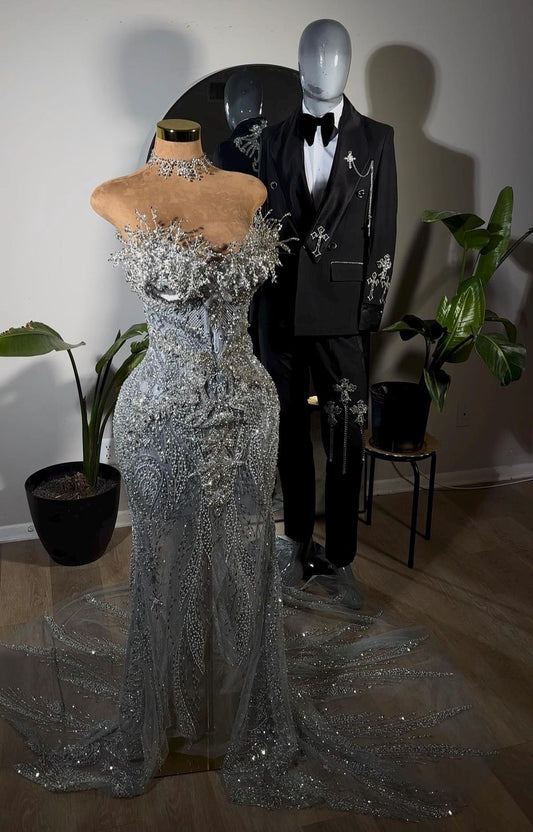 Glittery Mermaid Sweetheart Prom Dresses Silver Sequin Beaded Crystals Long Formal Evening Party Gown N811