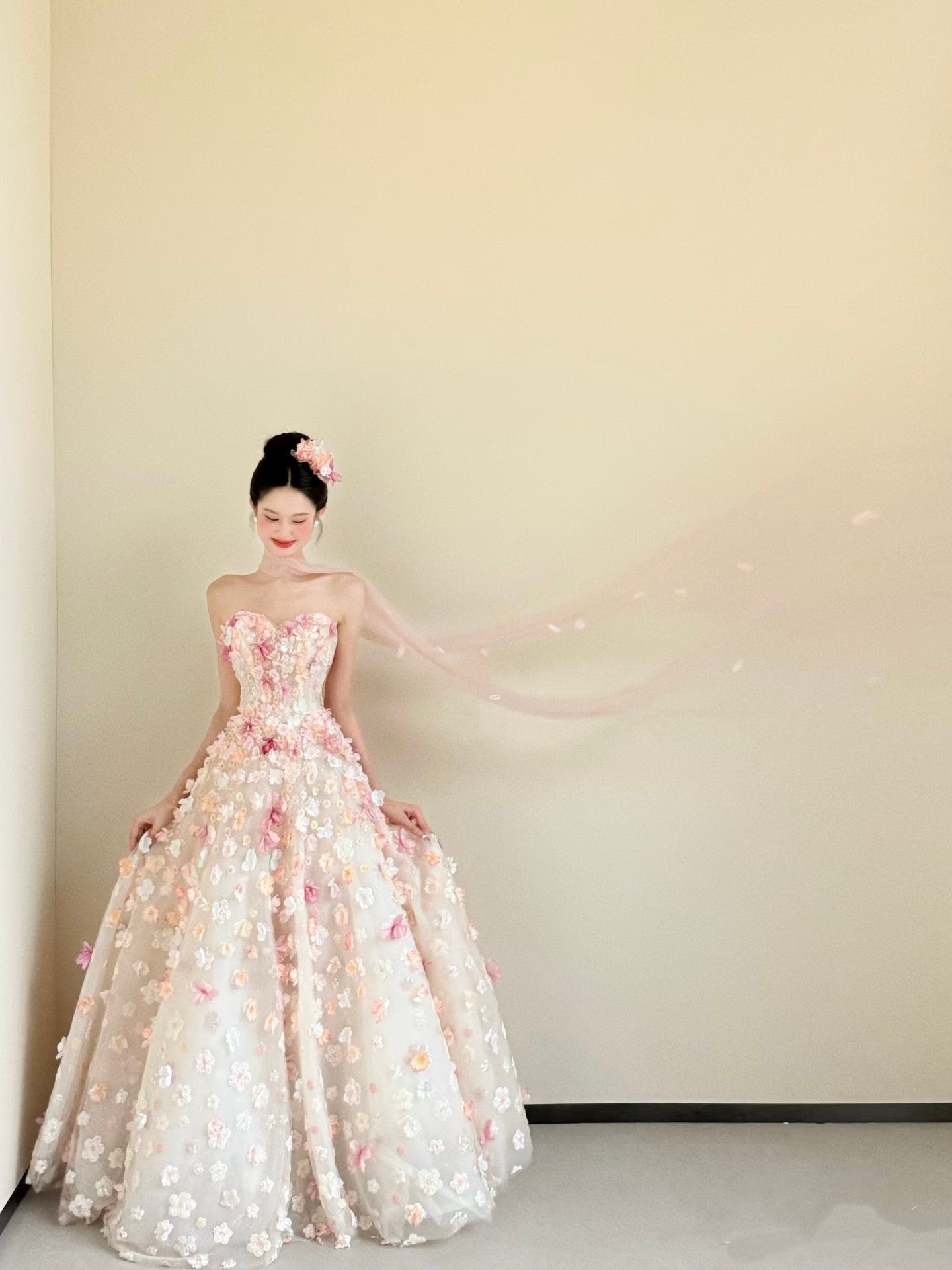 Cute Ball Gown Sweetheart Pink Flowers Long Tulle Quinceanera Dress Sw – RubyFashionDress
