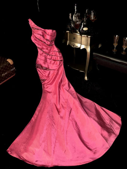 Sophisticated Mermaid One Shoulder Pink Taffeta With Ruffled School Dances Prom Dresses 8th Grade Formal Outfits Evening Gown RB8433