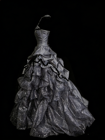 Sweet Ball Gown Strapless Gray Satin With Tiered Layers Ruffles Long Party Gowns Prom Dresses N2235
