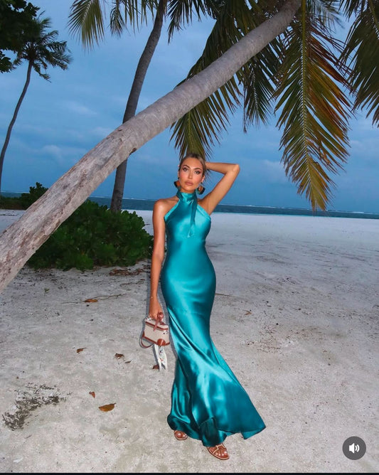 Simple Mermaid High Neck Blue Silk Satin Long Prom Dresses Inspiration Evening Gowns For Women Formal Party Prom Dress AB1259