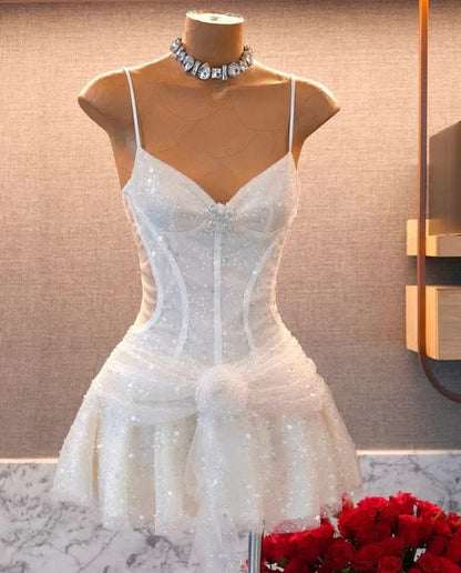 White Spaghetti Strap 16th Birthday Dress Glitter Sequin A-Line Homecoming Dresses N4738