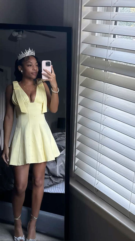 Classy A line Halter Yellow Satin For Black Girls For Teens Women Party Short Mini 18th Birthday Dresses Hoco Outfit RB3775