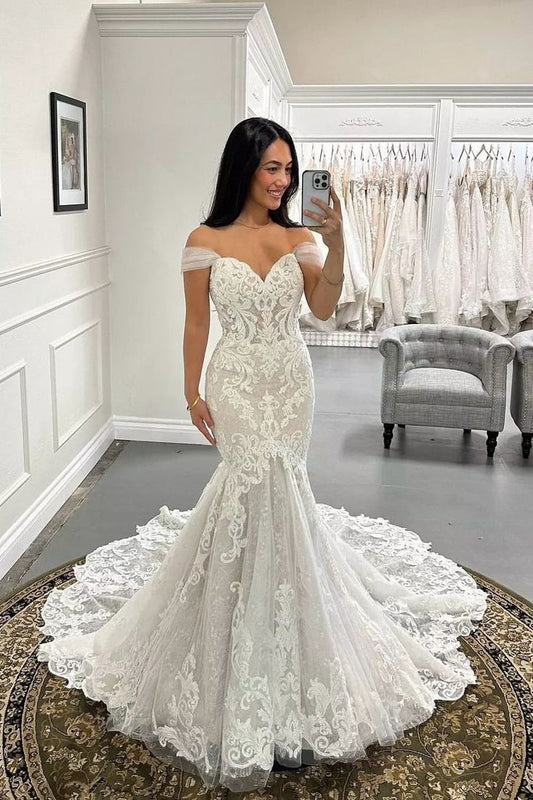 Modest Mermaid Off The Shoulder White Fitted Corset Long Wedding Dress Bride Gowns Wedding Dresses AB035