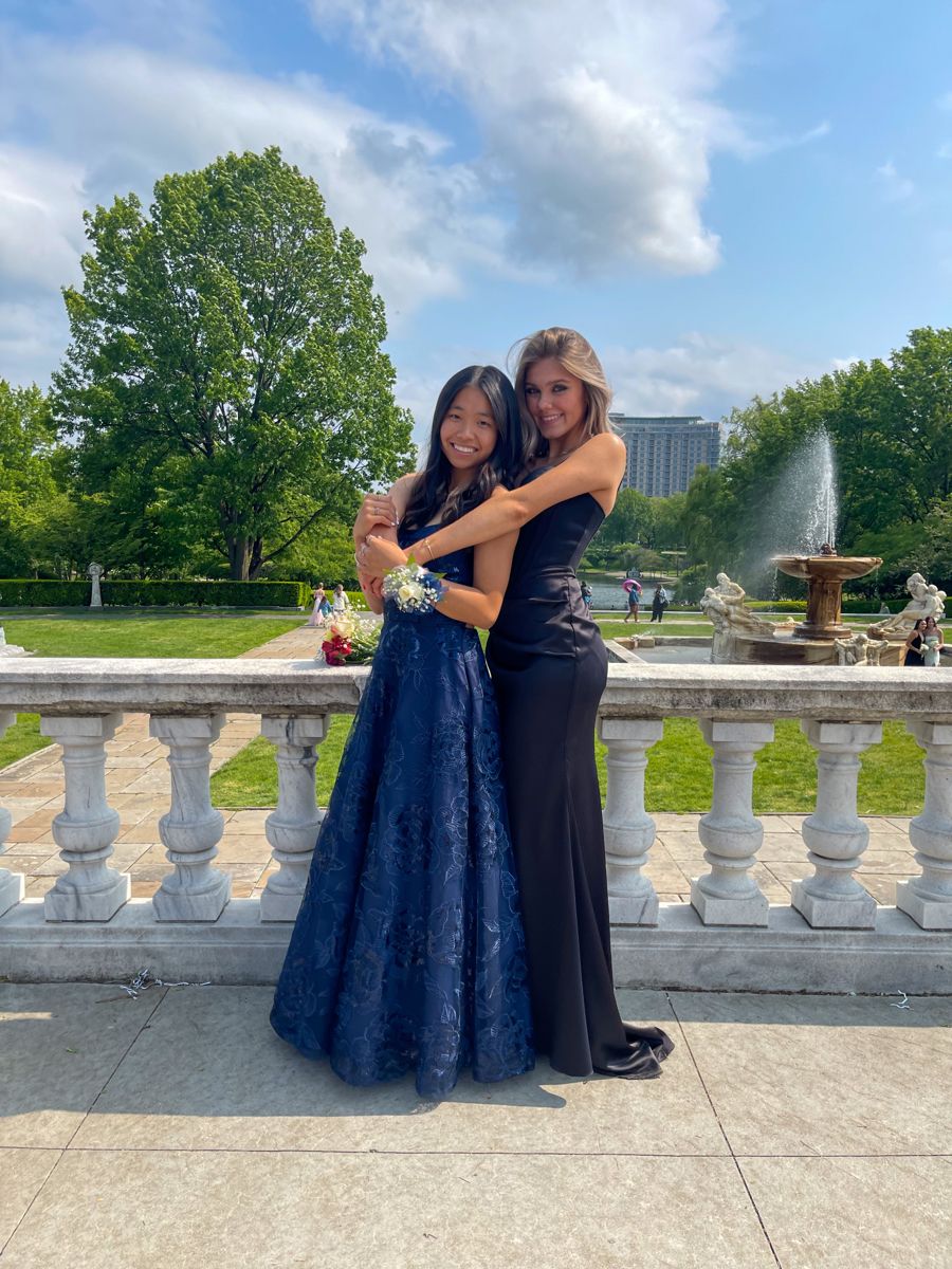 A Line Spaghetti Straps Navy Blue Satin Lace Backless Party Long Prom Dresses AB1609