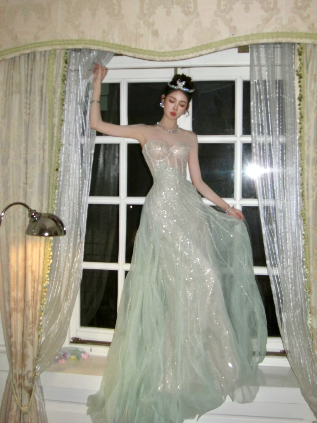Glitter A line Strapless Green With Beaded Crystals Prom Dress Aesthetic Long Graduation Evening Outfits N069