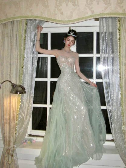 Glitter A line Strapless Green With Beaded Crystals Prom Dress Aesthetic Long Graduation Evening Outfits N069