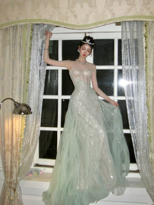 Glitter A line Strapless Green With Beaded Crystals Prom Dress Aesthetic Long Graduation Evening Outfits N069