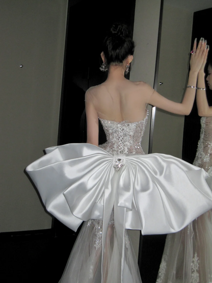 Fairy Mermaid Strapless White Sequin Wedding Dress With Beaded Bow-knot Fairytale Brides Gown Wedding Dresses N071