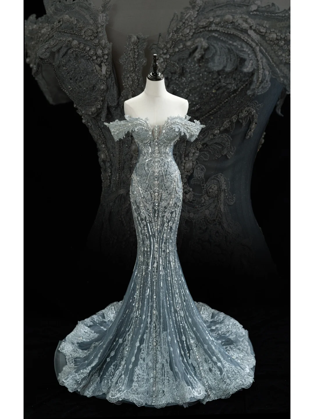 Vintage Mermaid Off The Shoulder Silver Lace Sequin Tulle Prom Dresses For Teens Formal Dress Party Outfits Prom Gowns AB1002
