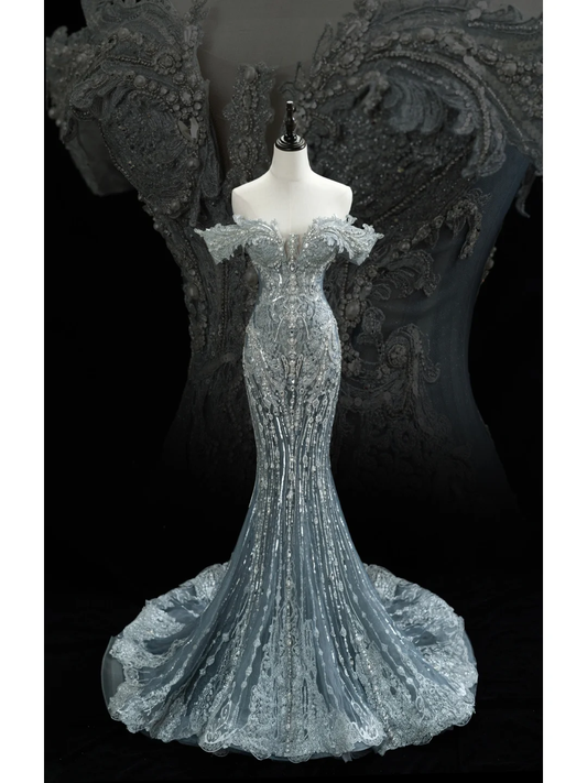 Vintage Mermaid Off The Shoulder Silver Lace Sequin Tulle Prom Dresses For Teens Formal Dress Party Outfits Prom Gowns AB1002
