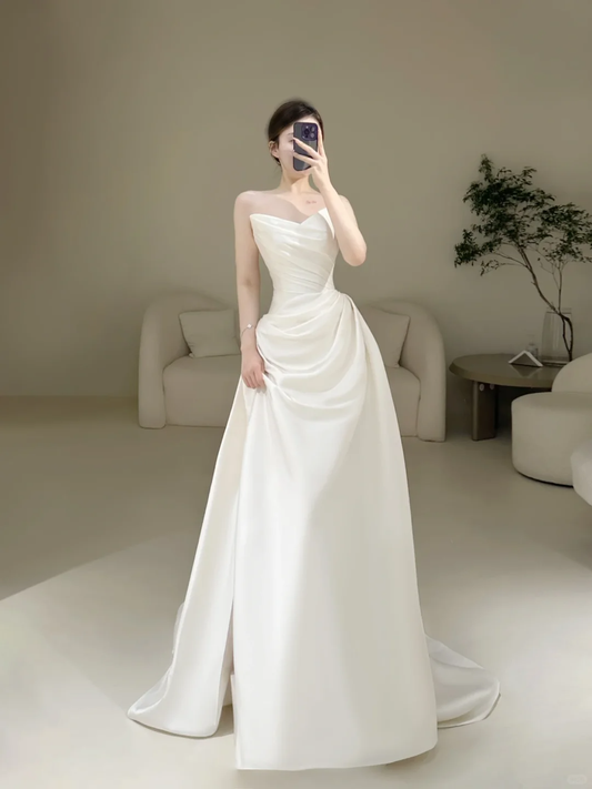 Simple Mermaid White Fit And Flare Sweetheart Long Floor Length Pleats Wedding Dress AB1005