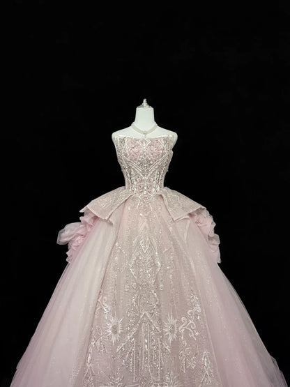 Sweet 16 Dresses Long Ball Gown Sweet Sixteen Long Birthday Dress Strapless Pink Lace Tulle Formal Gown RC0283