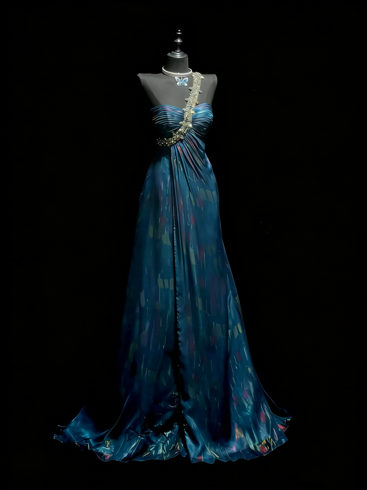 Modest A line One Shoulder Blue College Formal Outfit Long Prom Graduation Dresses For Teens N1183