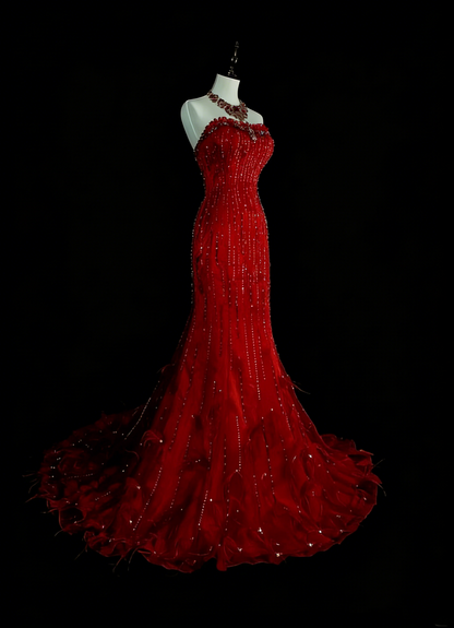 Vintage Mermaid Strapless Red 2000s With Silver Beads Prom Dresses Long Formal Party Gown N1356