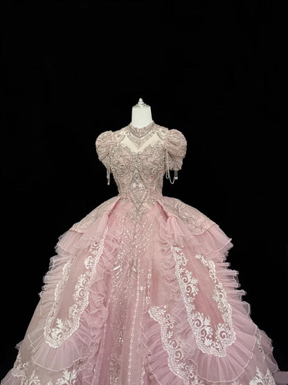 Sweet 16 Dresses Long Ball Gown Sweetheart Pink With Lace Appliques Sweet Sixteen Birthday Gown RC0320